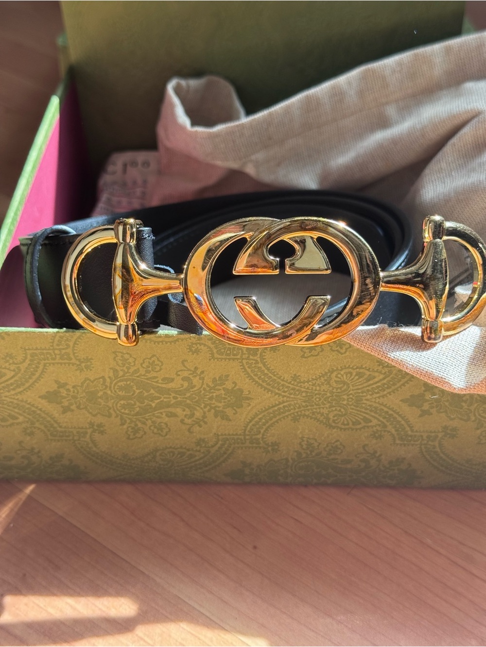 Gucci Black Leather Belt with Gold Interlocking G Horsebit Buckle